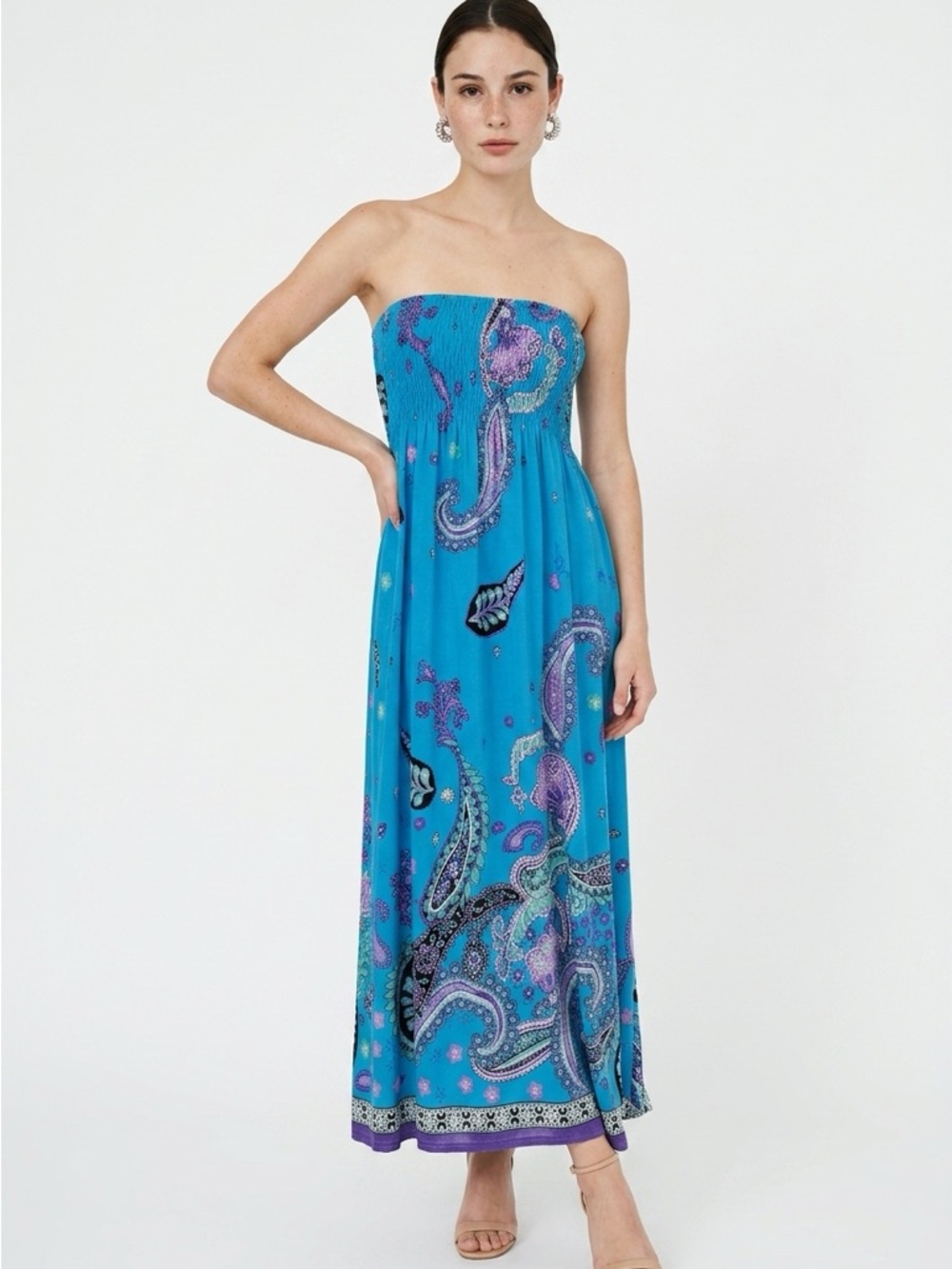 India Boutique Paisley Print Strapless Elastic Bodice Blue Women's Maxi Dress